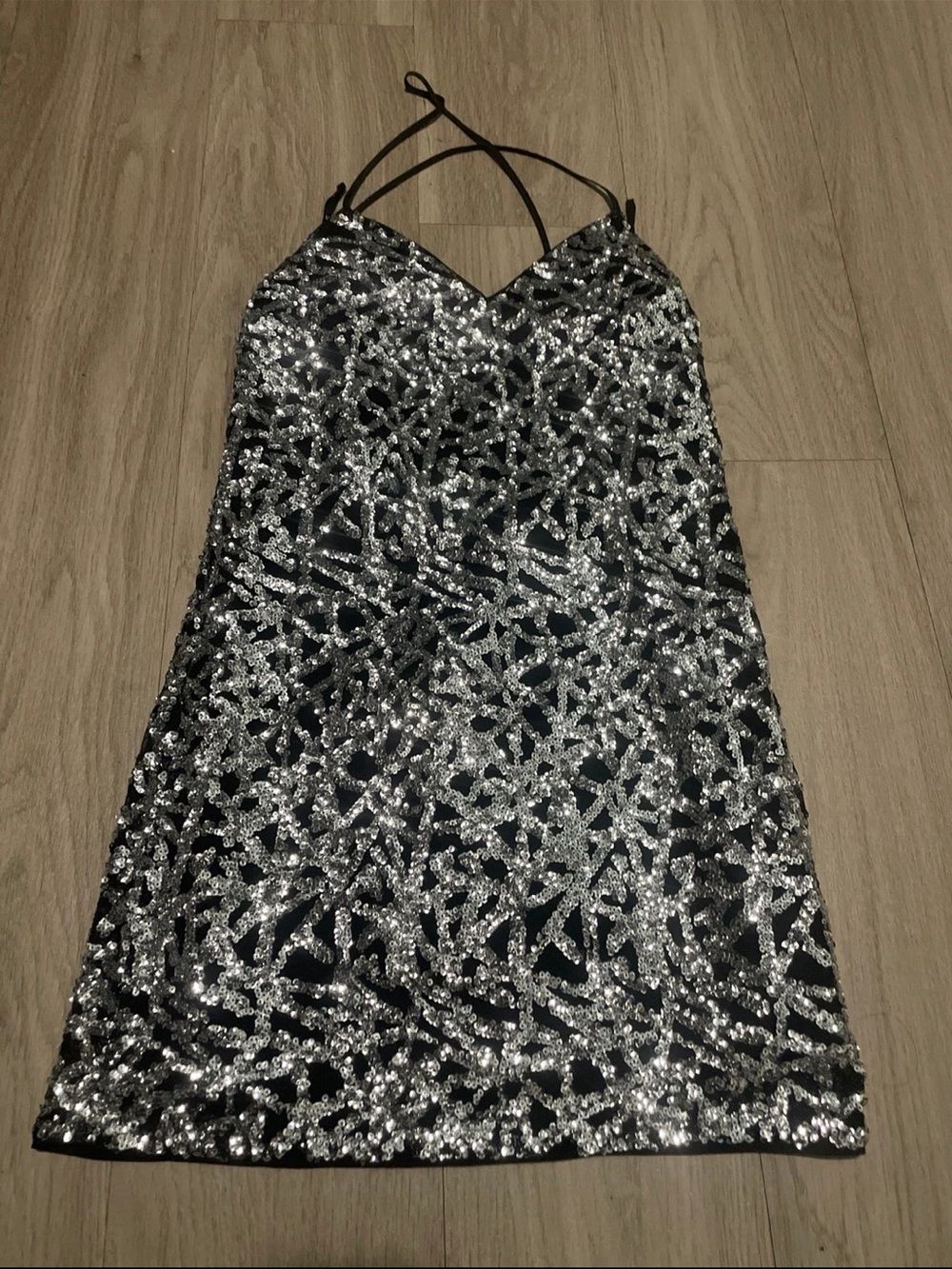 ALI & JAY Black and Silver Sequin Strapless Slip Dress